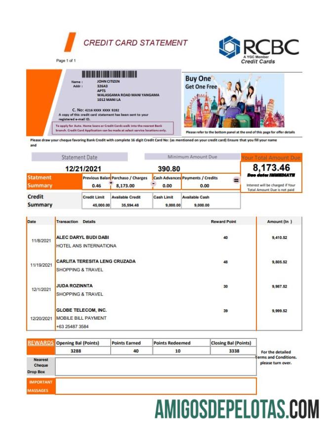Modelo realista de extrato de cartão de crédito das Filipinas Rizal Commercial Banking Corporation (RCBC) em formato de arquivo .xls e .pdf